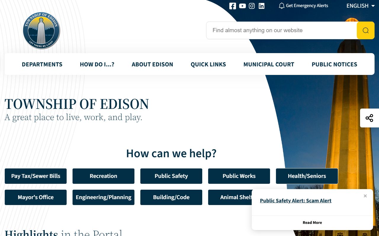 Edison Township website showing municipal court information for Edison civil court records