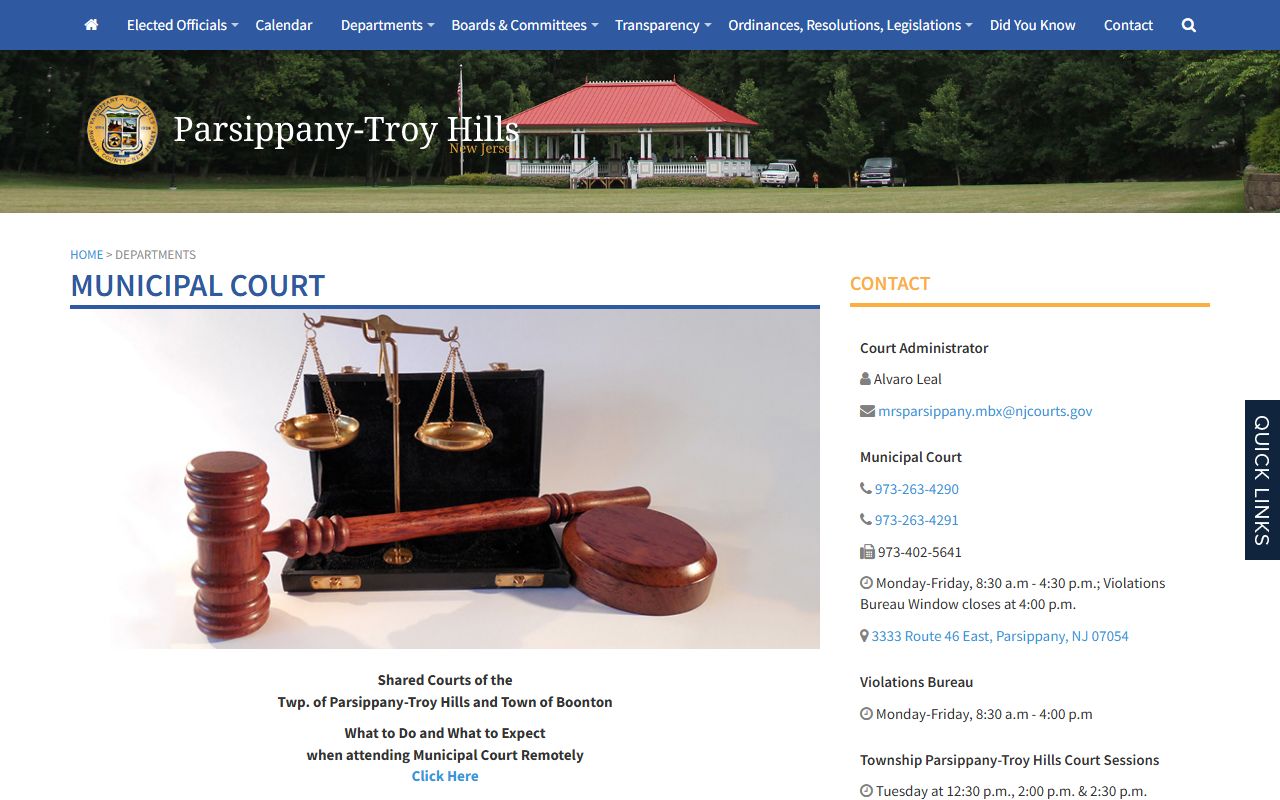 Parsippany Municipal Court page with civil court records information