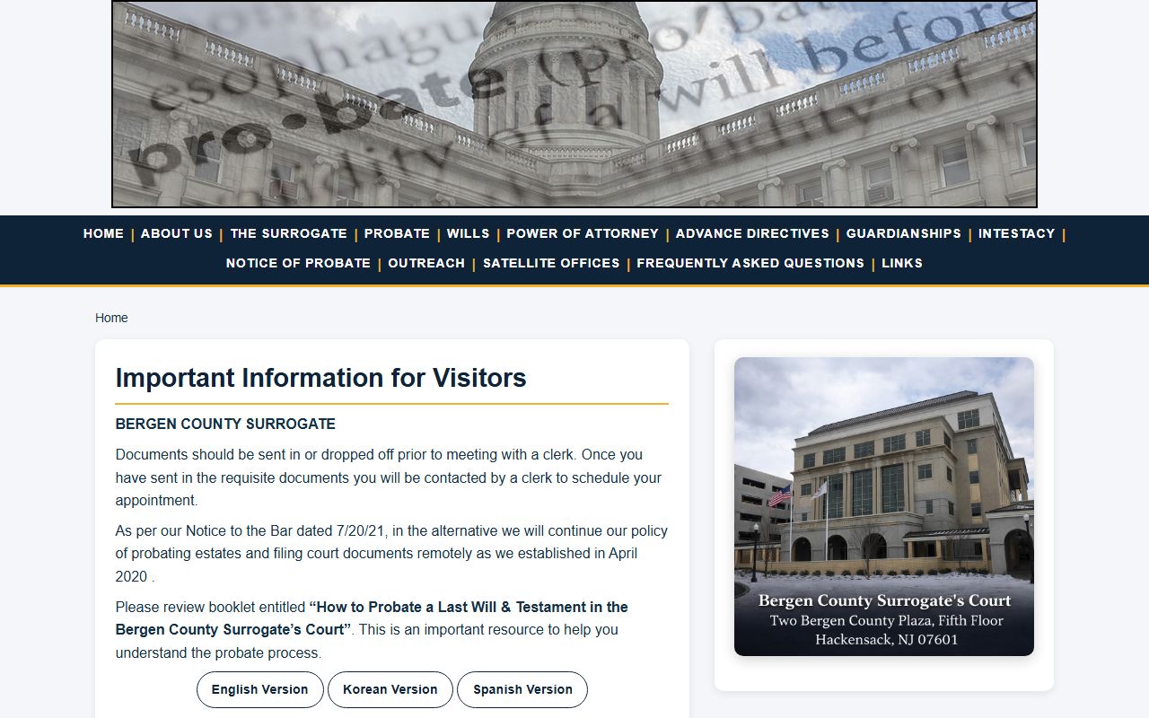 Bergen County Surrogate Court website for civil court records