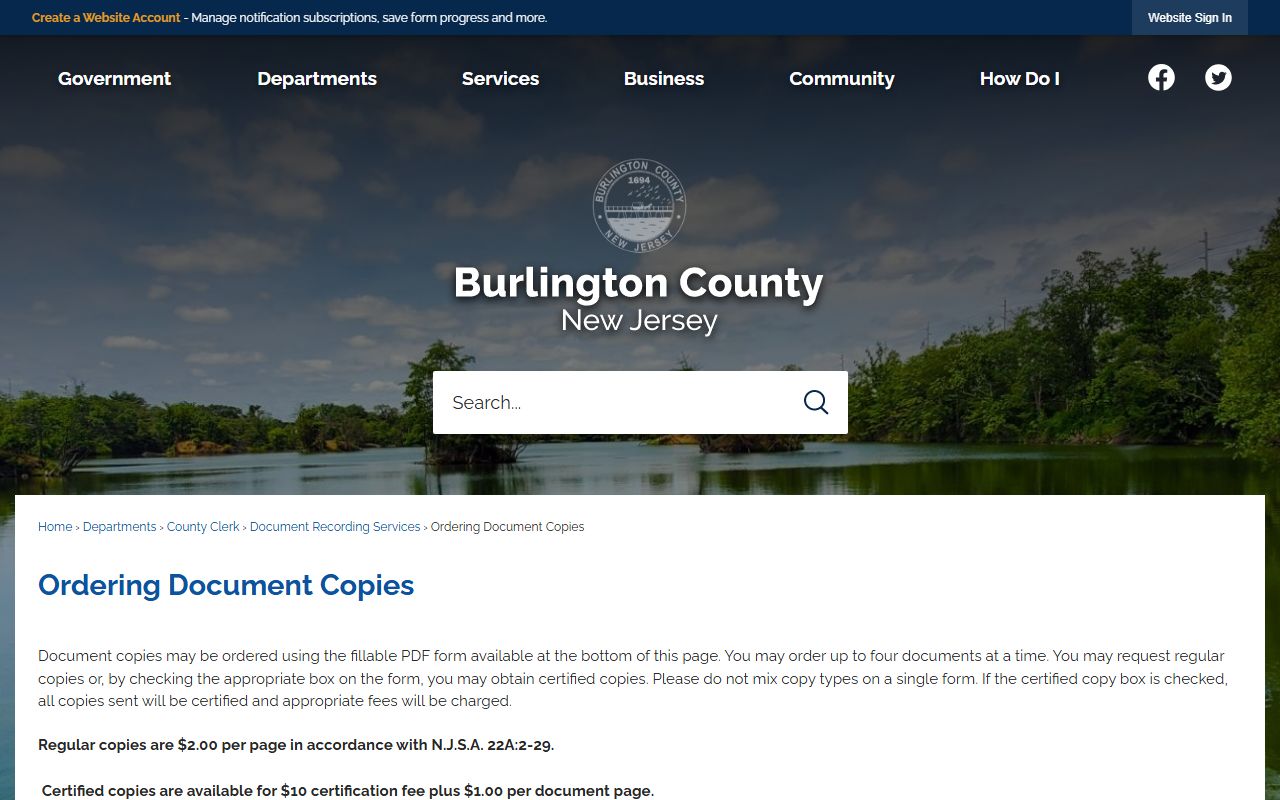 Burlington County Clerk copy ordering page for document requests