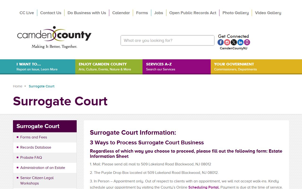 Camden County Surrogate Court office information page