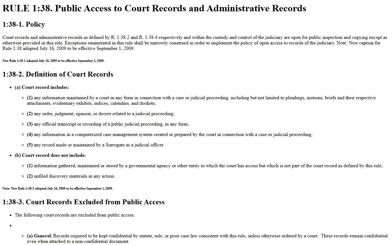 New Jersey Court Rule 1:38 governing public access to civil court records